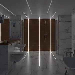 Instalace pochozího hliníkového LED profilu v koupelně.
