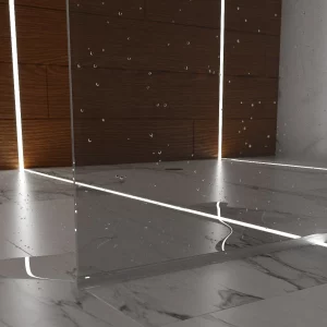 Detailní pohled instalace pochozího hliníkového LED profilu v koupelně.